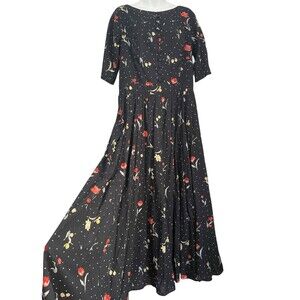 eShakti Black Floral Button-Back Maxi Dress with side Pockets VTG Inspired SZ XL